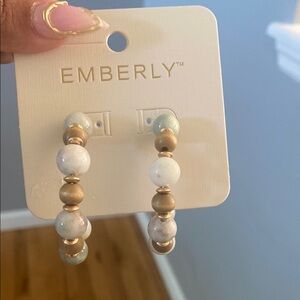 Gold and White Beaded Hoop Earrings